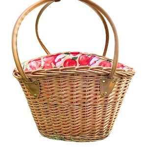 Vintage Cane Woven Basket with thick sturdy vinyl lining vividly colored apples
